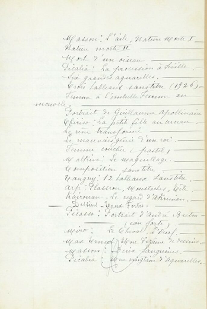 Inventaire de la rue Fontaine et liste des objets et tableaux emportés par Simone selon André Breton, daté du 23 septembre 1929, Librairie Faustroll. Photographie © succession Breton et Kahn, Collection particulière