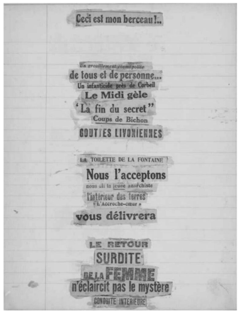 Simone Kahn, Cahier, 1924, cahier autographie in-8°, collage et encre bleue, 22,5 x 17,5 cm, 24 pages, Bibliothèque municipale de Nantes, Ms. 3487, extrait. Photographies © succession Simone Kahn, courtoisie association Atelier André Breton