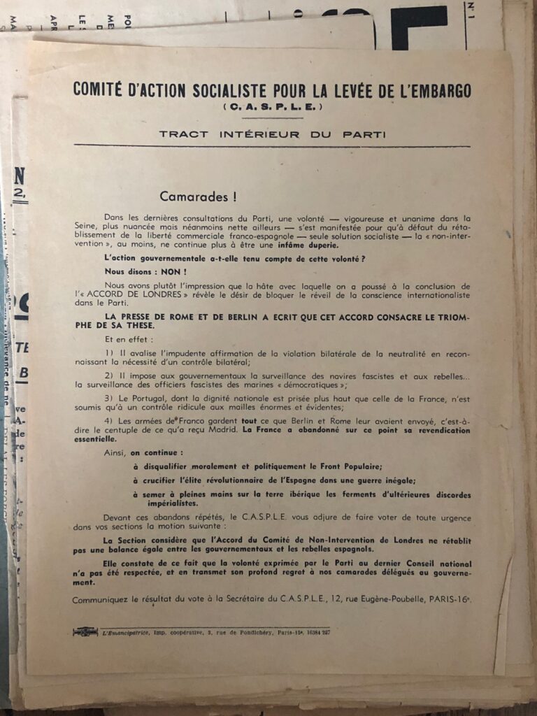 Tracts du Comité d’Action Socialiste pour la Levée de l’Embargo, 1936-1937
