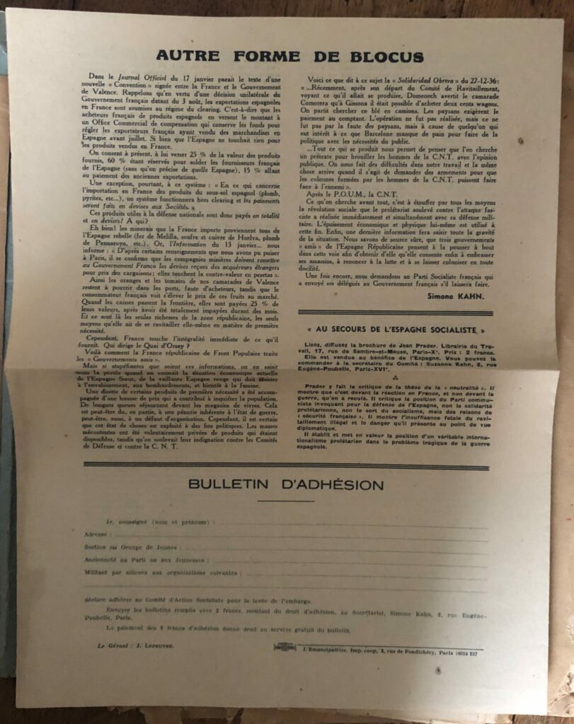 Tracts du Comité d’Action Socialiste pour la Levée de l’Embargo, 1936-1937