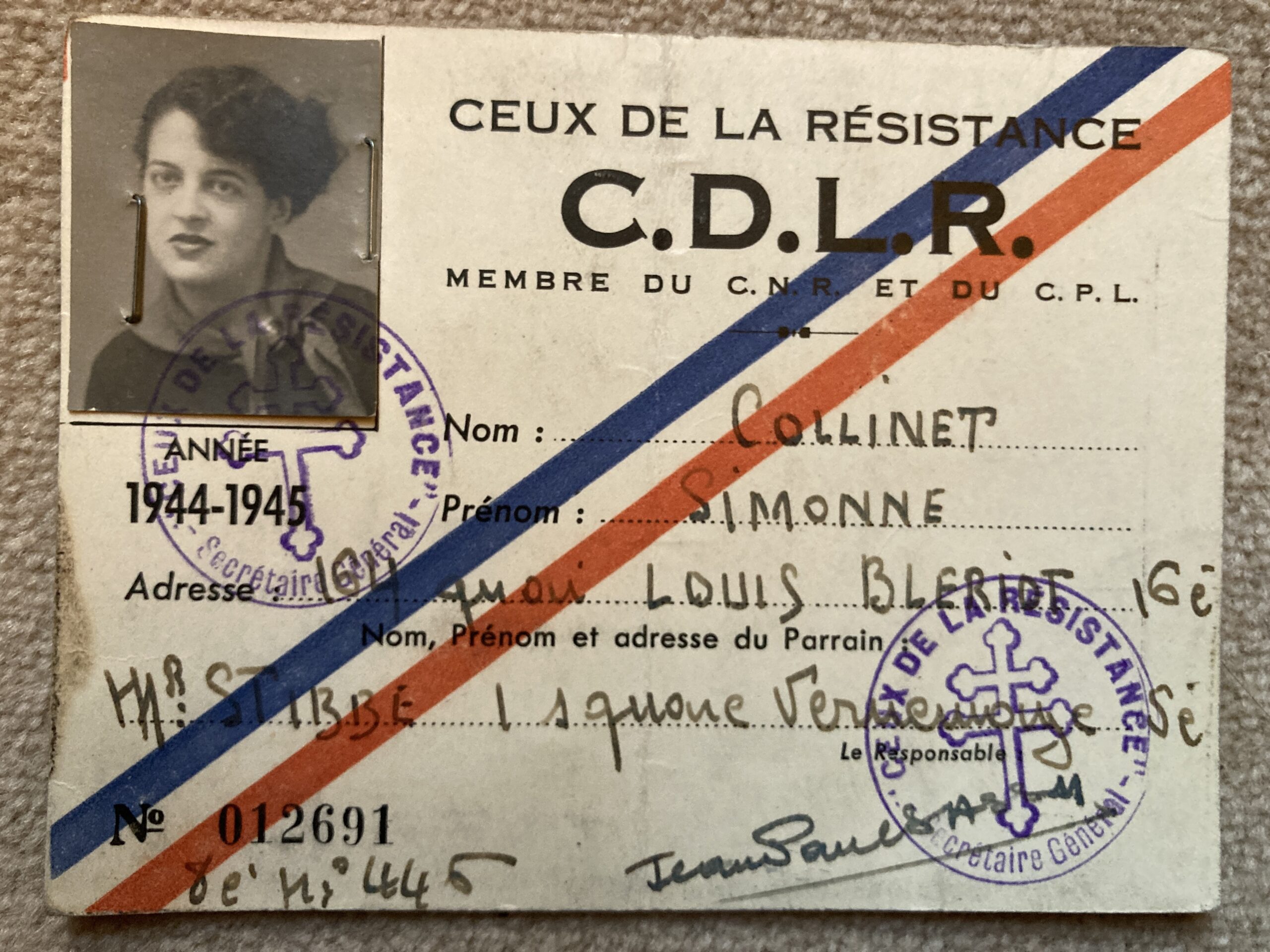 Carte du réseau "Ceux de la Résistance" de Simone Collinet, 1944-1945. Archives Simone Collinet