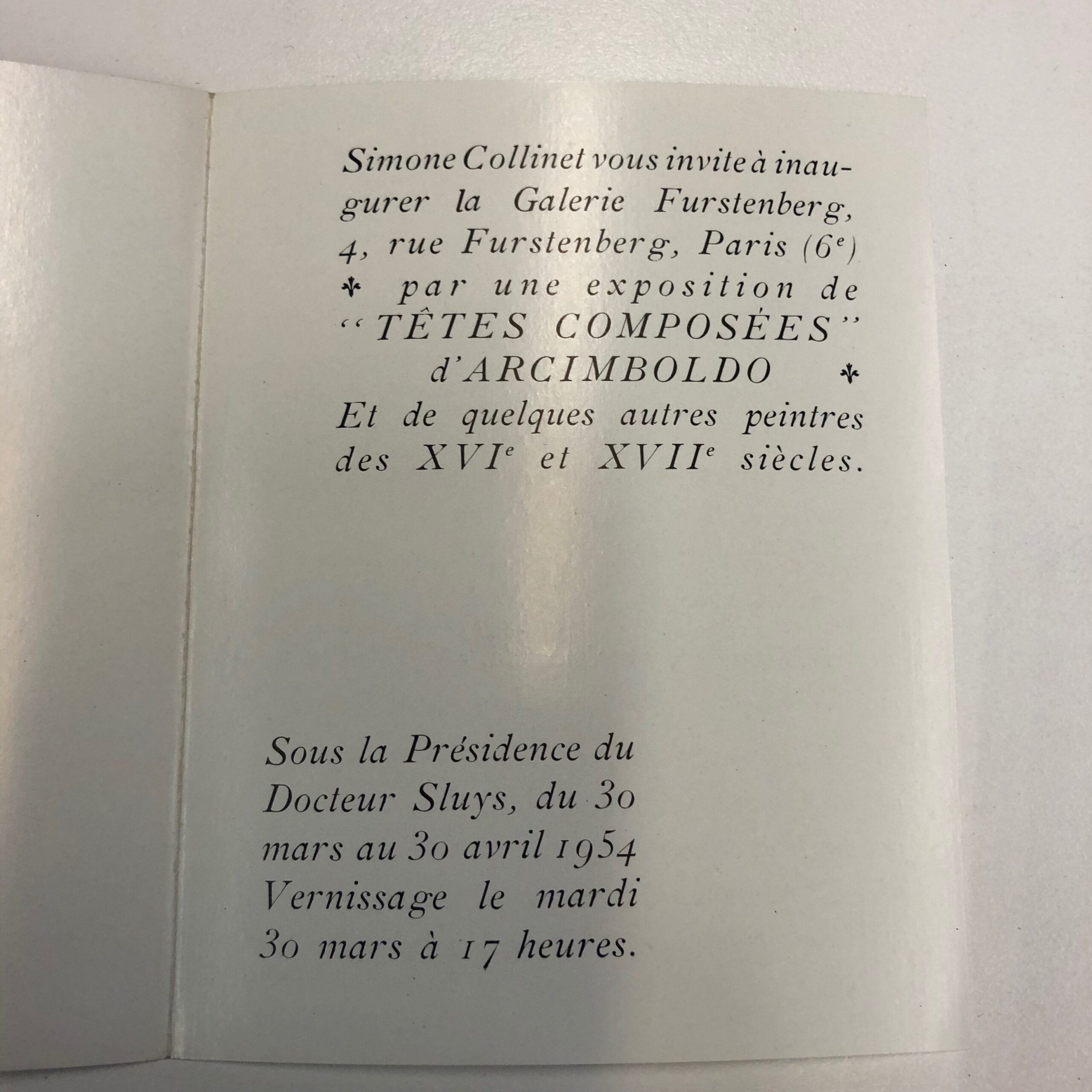 Carton d'invitation exposition Arcimboldo, Galerie Furstenberg, 1954. Bibliothèque Kandinsky, Paris - GALFUR 27