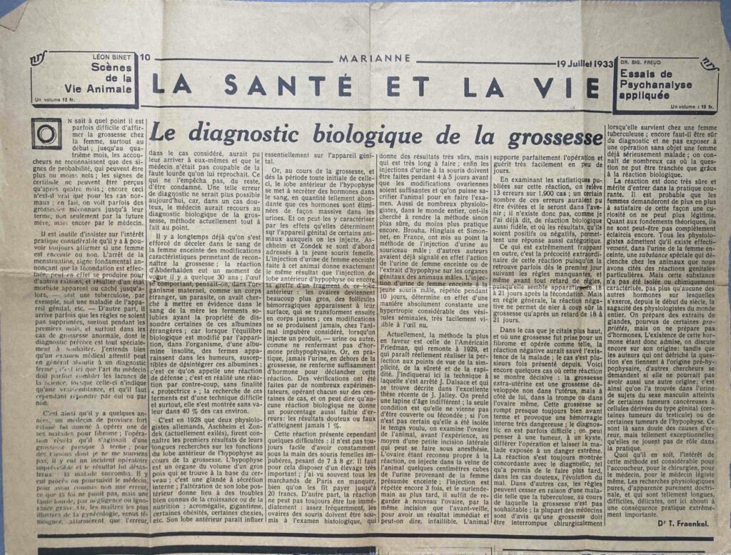 Dr. Théodore Fraenkel, « Le diagnostic biologique de la grossesse », dans Marianne, 19 juillet 1933, p. 10, archives Simone Collinet.