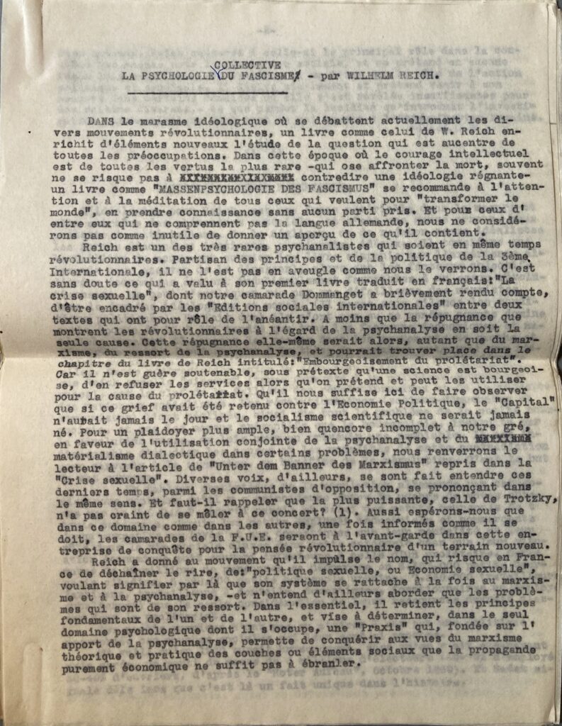 Simone Kahn, « La psychologie collective du fascisme, par Wilhelm Reich », compte-rendu non publié, années 1930, un des 16 feuillets tapuscrits, archives Simone Collinet.