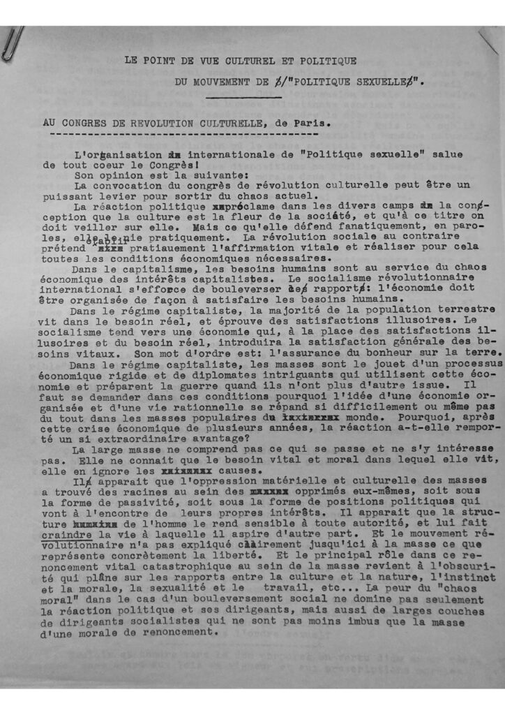 « Le point de vue culturel et politique du mouvement de "politique sexuelle" au congrès de la révolution culturelle de Paris », [juin 1935], communiqué du mouvement SexPol de Wilhelm Reich, 3 feuillets tapuscrits, archives Simone Collinet.
