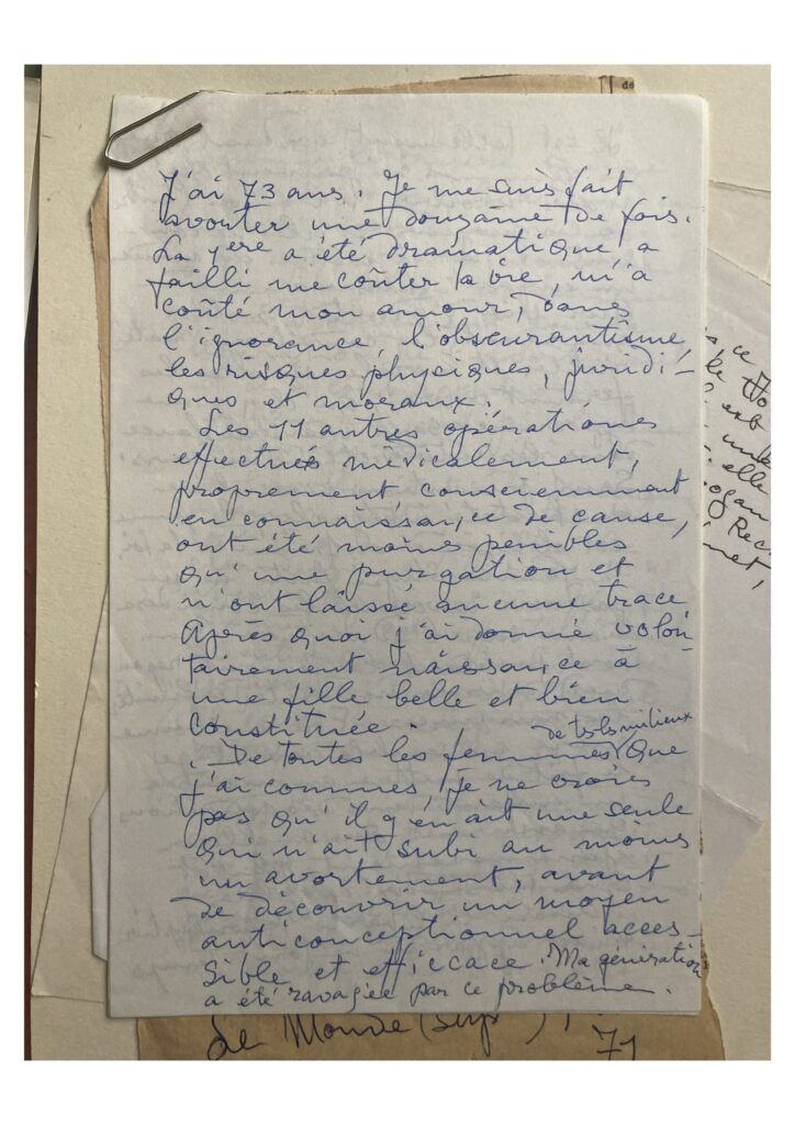 Simone Collinet, « Lettre envoyée au Nouvel Observateur et publiée dans le journal du MLF Le torchon brûle », 1971, un des 4 feuillets manuscrits, archives Simone Collinet.