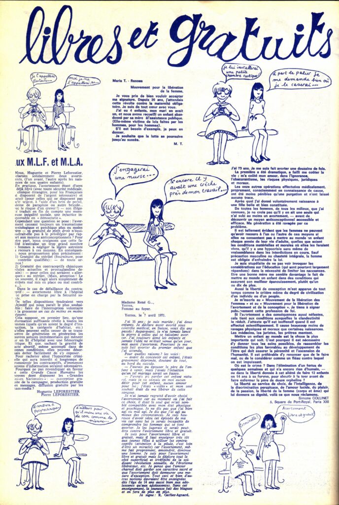 Simone Collinet, « J’ai 73 ans. Je me suis fait avorter une douzaine de fois. », dans Le torchon brûle, n°1, 1971, p. 8, double page « Contraception et avortement libres et gratuits ».
