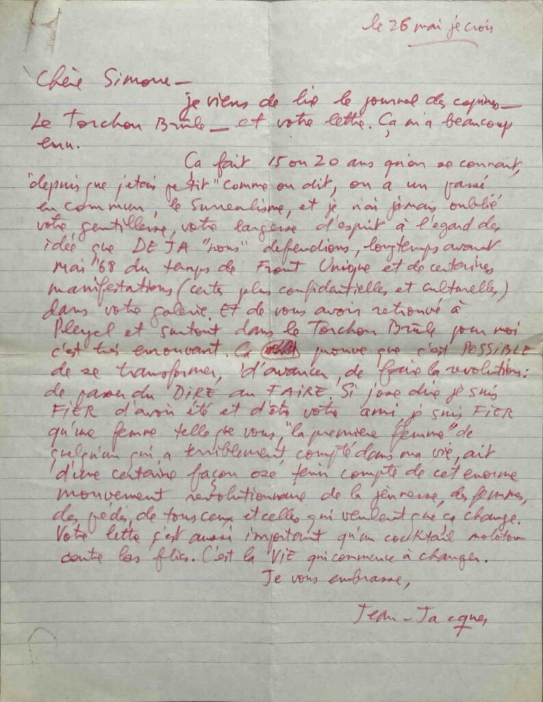 Jean-Jacques Lebel, lettre adressée à Simone Collinet, 26 mai 1971, feuillet manuscrit, archives Simone Collinet.
