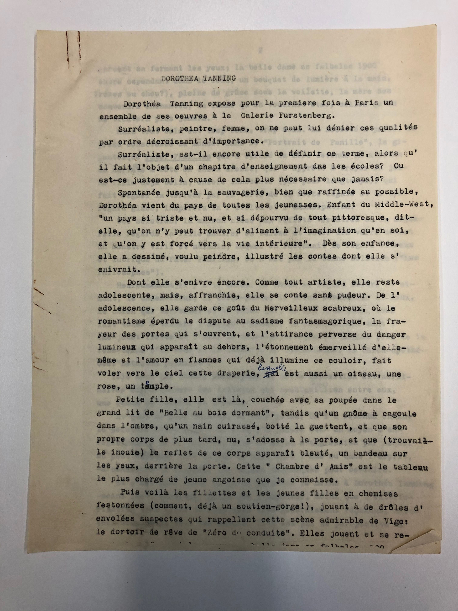 CV exposition Tanning, Galerie Furstenberg, 1954. Bibliothèque Kandinsky, Paris - GALFUR 22