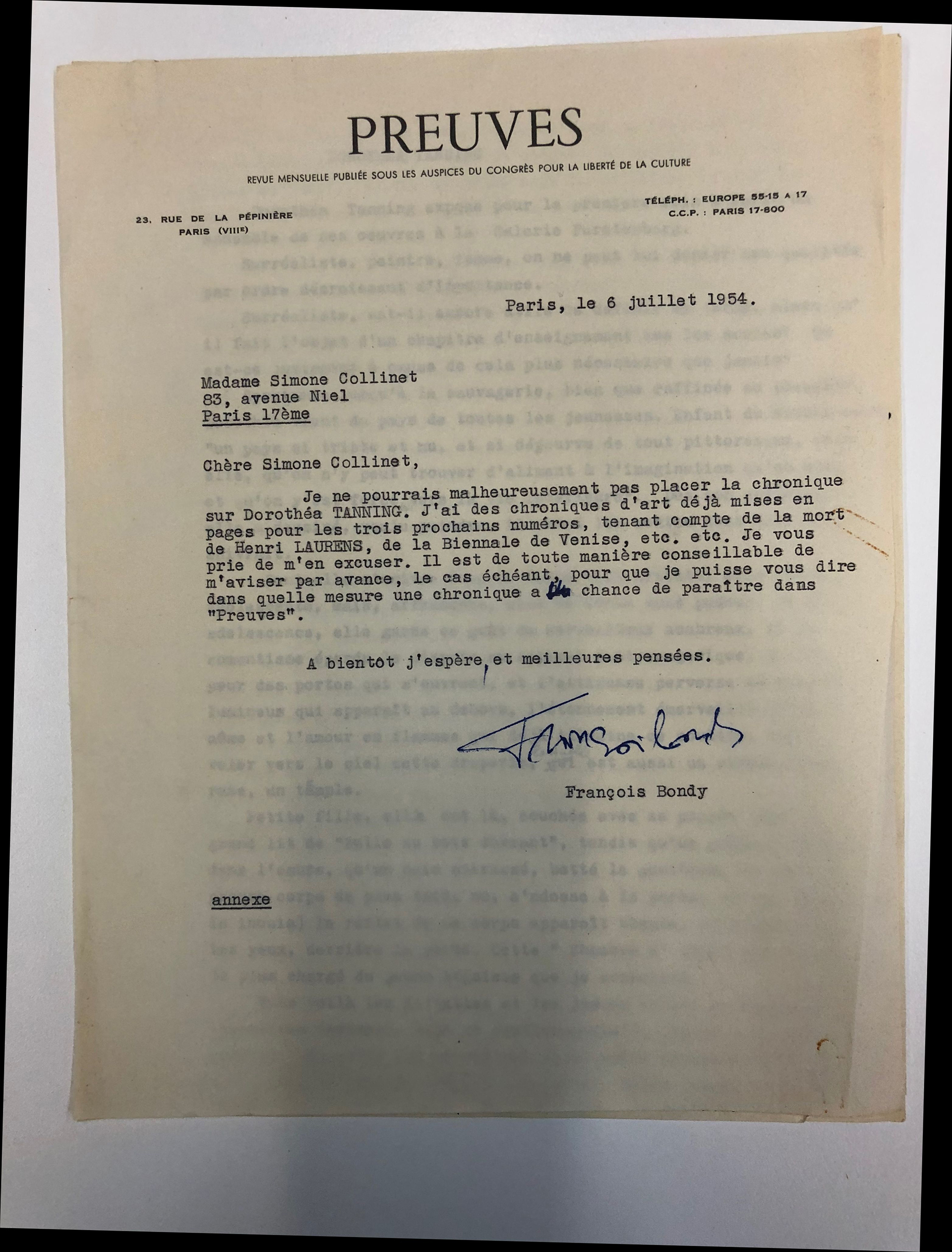 Lettre exposition Tanning, Galerie Furstenberg, 1954. Bibliothèque Kandinsky, Paris - GALFUR 22