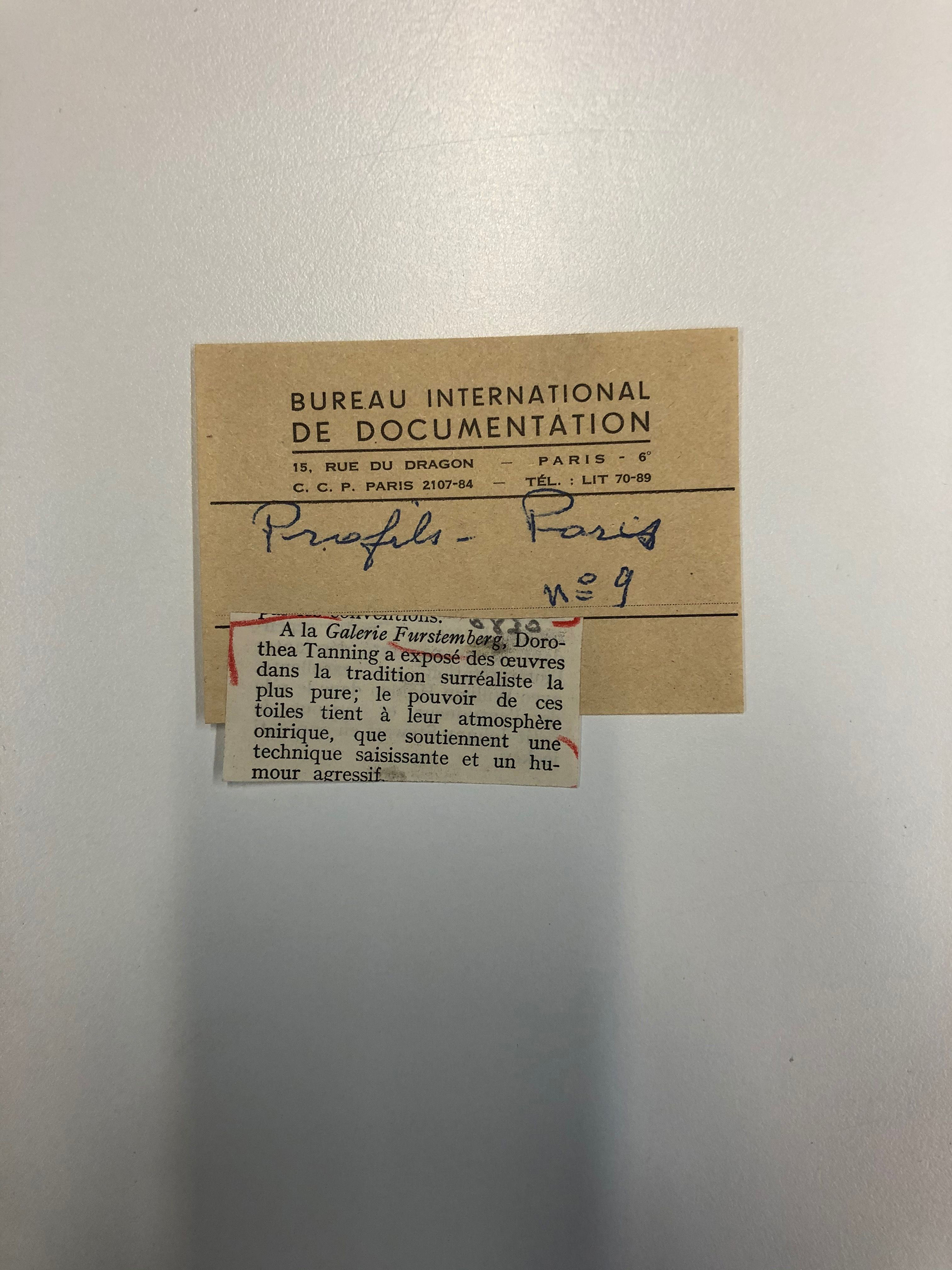 Presse exposition Tanning, Galerie Furstenberg, 1954. Bibliothèque Kandinsky, Paris - GALFUR 22