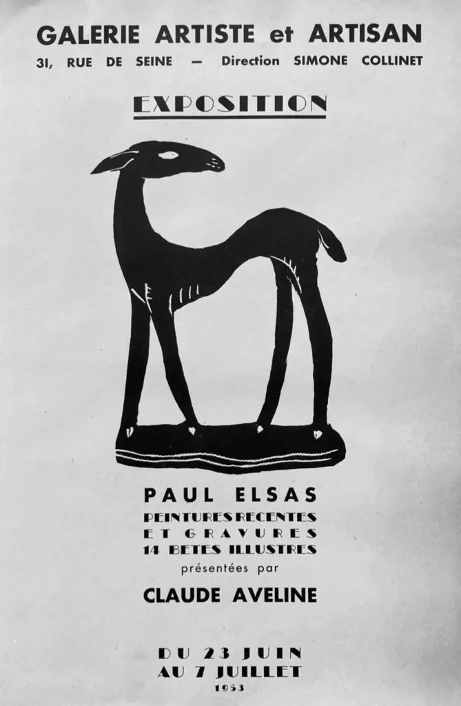 Affiche de l'exposition Paul Elsas "Peintures Récentes et Gravures 14 Bêtes illustres", Galerie Artiste et Artisan, 1953. Collection Simone Collinet