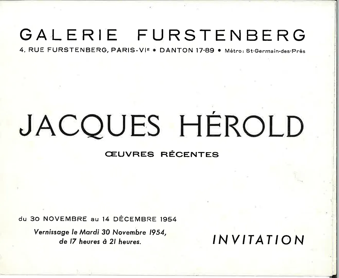Depliant d’exposition pour les œuvres récentes de Jacques Herold, présenté à la Galerie Furstenberg en 1954. Collection de la Galerie 1900-2000.