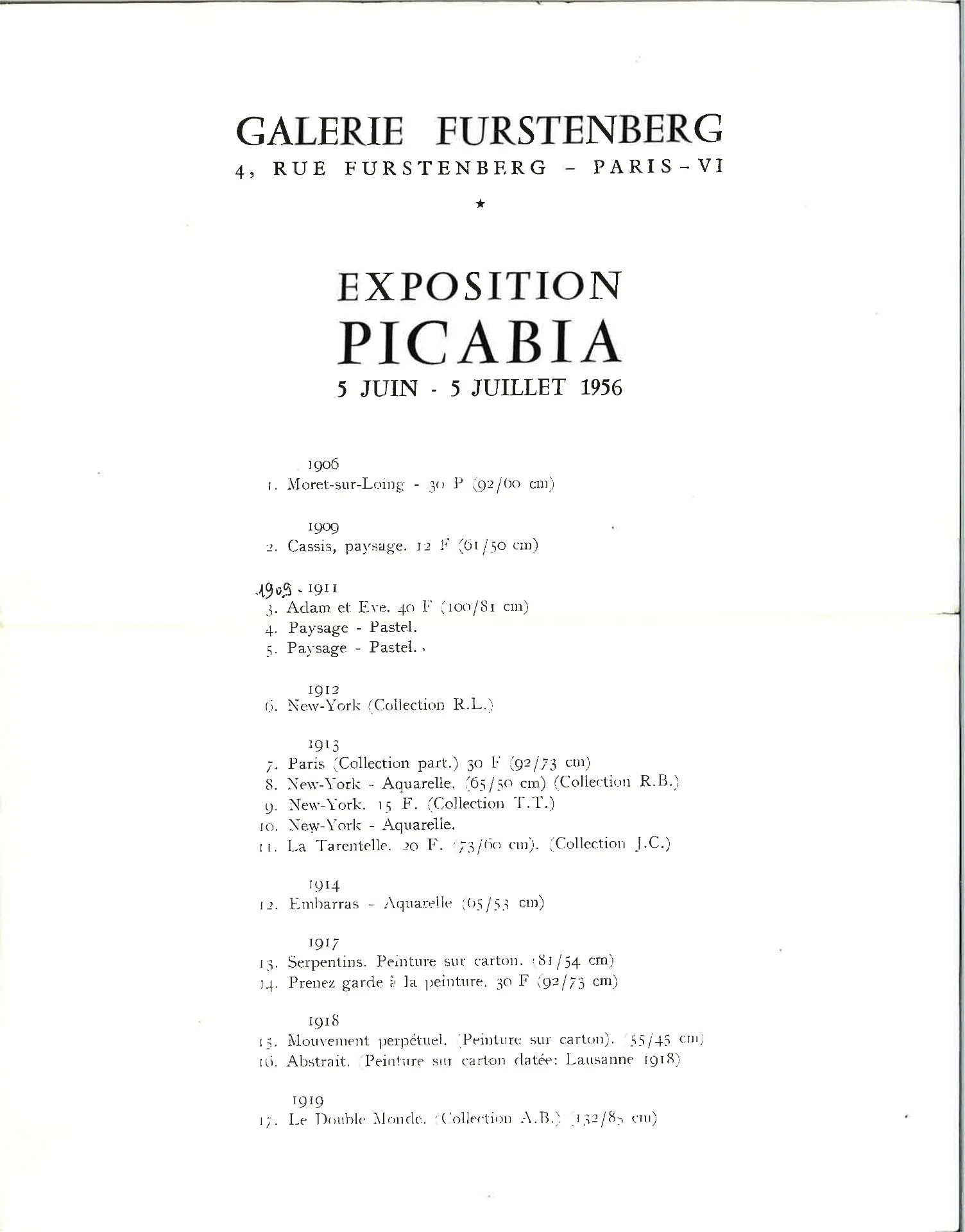 Dépliant exposition Picabia, Galerie Furstenberg, 1956. Collection Galerie 1900-2000